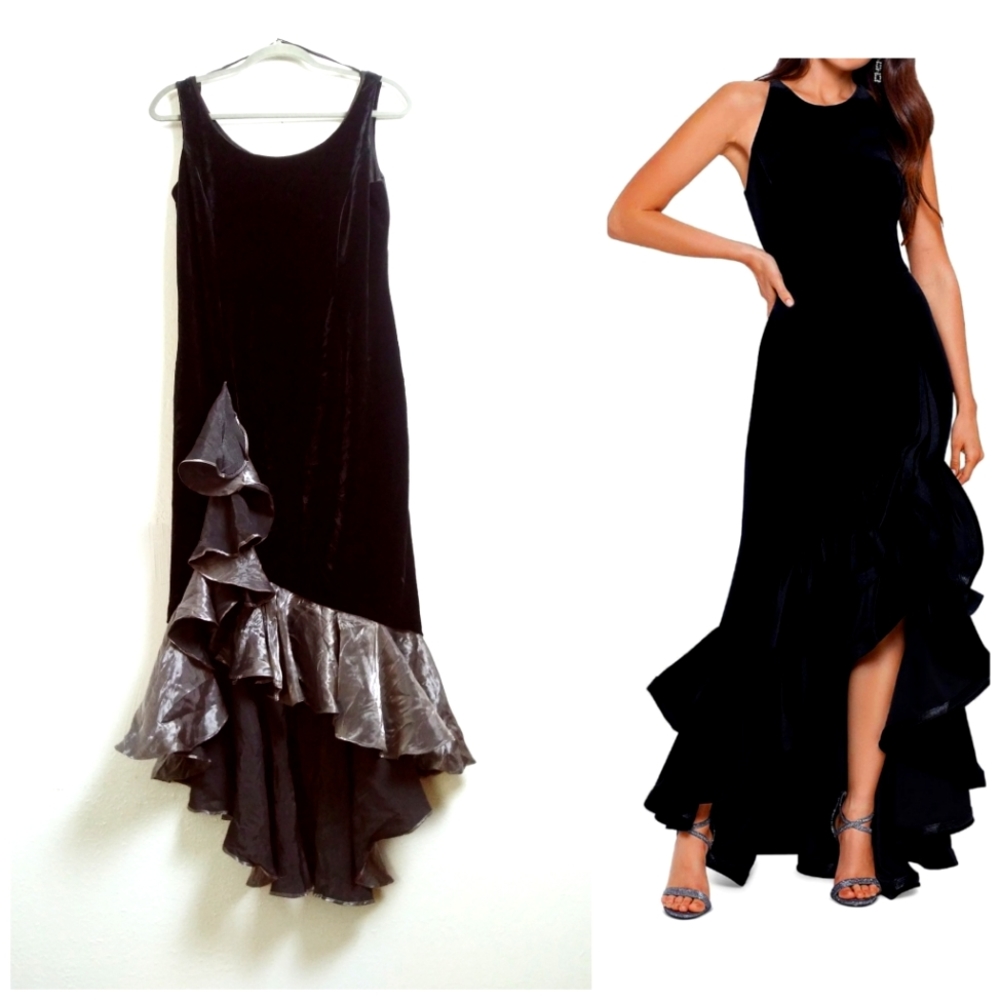 FELIGREE LTD Y2K Vintage Velvet Whimsigoth Ruffle Hi Low Hem Dress Size 10 Black